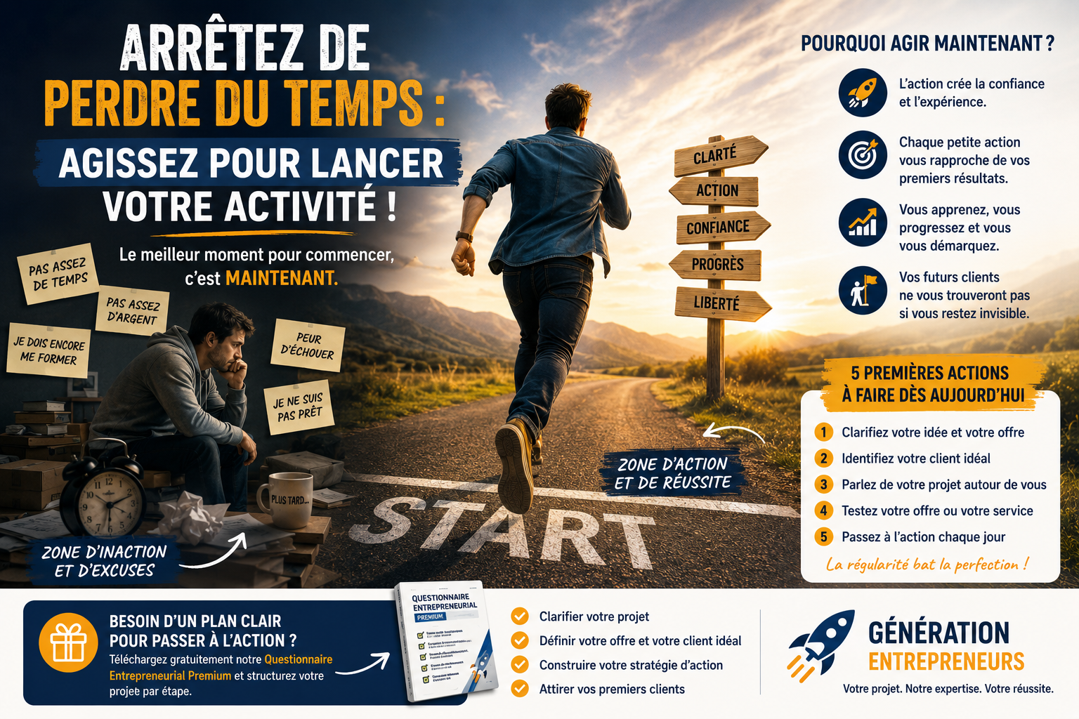 Entrepreneur franchissant une ligne de départ symbolisant le passage à l'action pour lancer son activité et vaincre la procrastination entrepreneuriale.