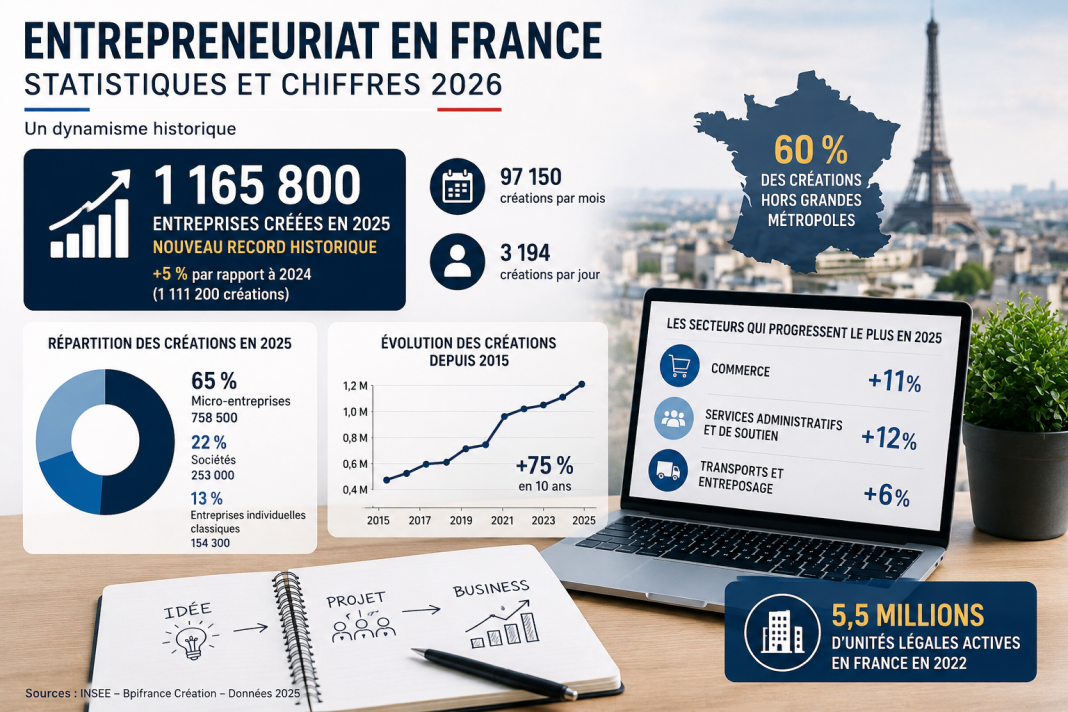 Statistiques création d’entreprise France 2026 avec chiffres clés de l’entrepreneuriat.