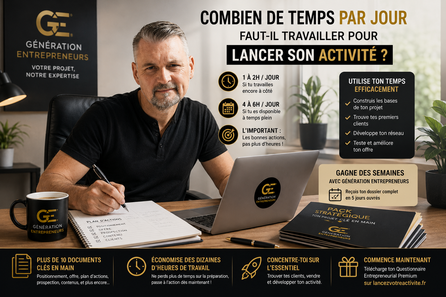 Entrepreneur organisant efficacement sa journée de travail avec un planning, un ordinateur et des documents Génération Entrepreneurs, illustrant le temps nécessaire pour lancer son activité et gagner en efficacité grâce à un accompagnement clé en main