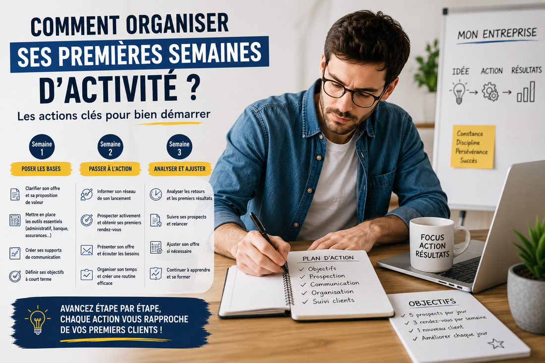Nouvel entrepreneur organisant ses premières semaines d'activité avec un planning, des objectifs commerciaux et une stratégie de prospection pour développer son entreprise