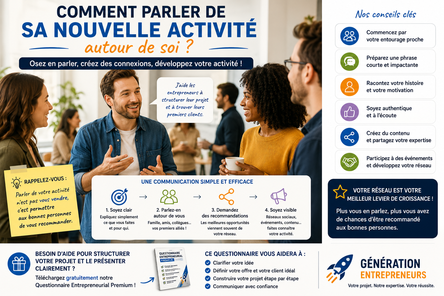 Nouvel entrepreneur présentant sa nouvelle activité à son entourage et développant son réseau professionnel grâce à la communication et aux recommandations.