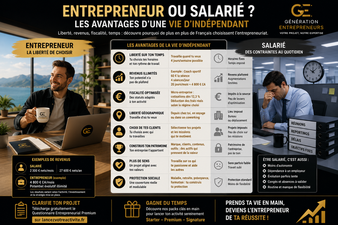 Entrepreneur travaillant librement dans un bureau moderne face à un salarié en entreprise, illustrant les avantages de la vie d'indépendant : liberté, revenus, flexibilité, fiscalité et équilibre de vie