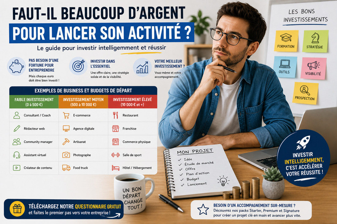 Entrepreneur comparant les budgets nécessaires pour lancer différents types d'activités, avec un tableau présentant les coûts de démarrage selon les business