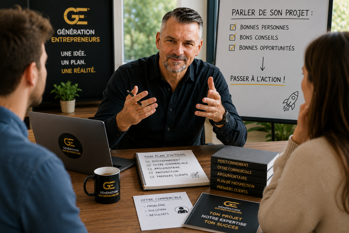 Entrepreneur présentant son projet d’activité à son entourage, échangeant sur son idée, son offre commerciale et son plan de lancement