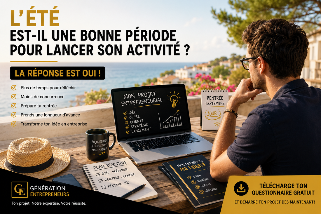 Entrepreneur préparant le lancement de son activité pendant l'été sur une terrasse avec ordinateur, carnet de notes et calendrier de rentrée, symbolisant la préparation d'un projet entrepreneurial.