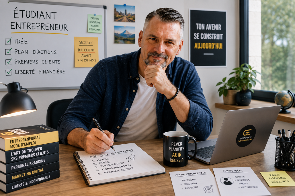 Étudiant entrepreneur préparant le lancement de son activité à la rentrée avec un ordinateur, un planning, une offre commerciale et un plan de prospection