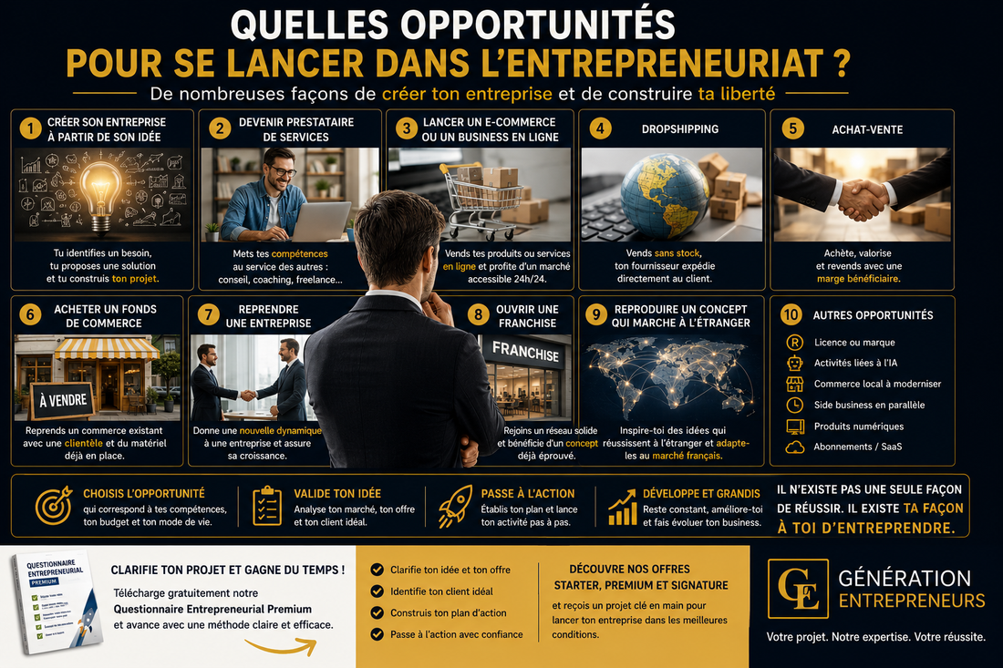 Entrepreneur comparant différentes opportunités de création d'entreprise en 2026 : franchise, e-commerce, dropshipping, reprise d'entreprise, achat-revente et business en ligne