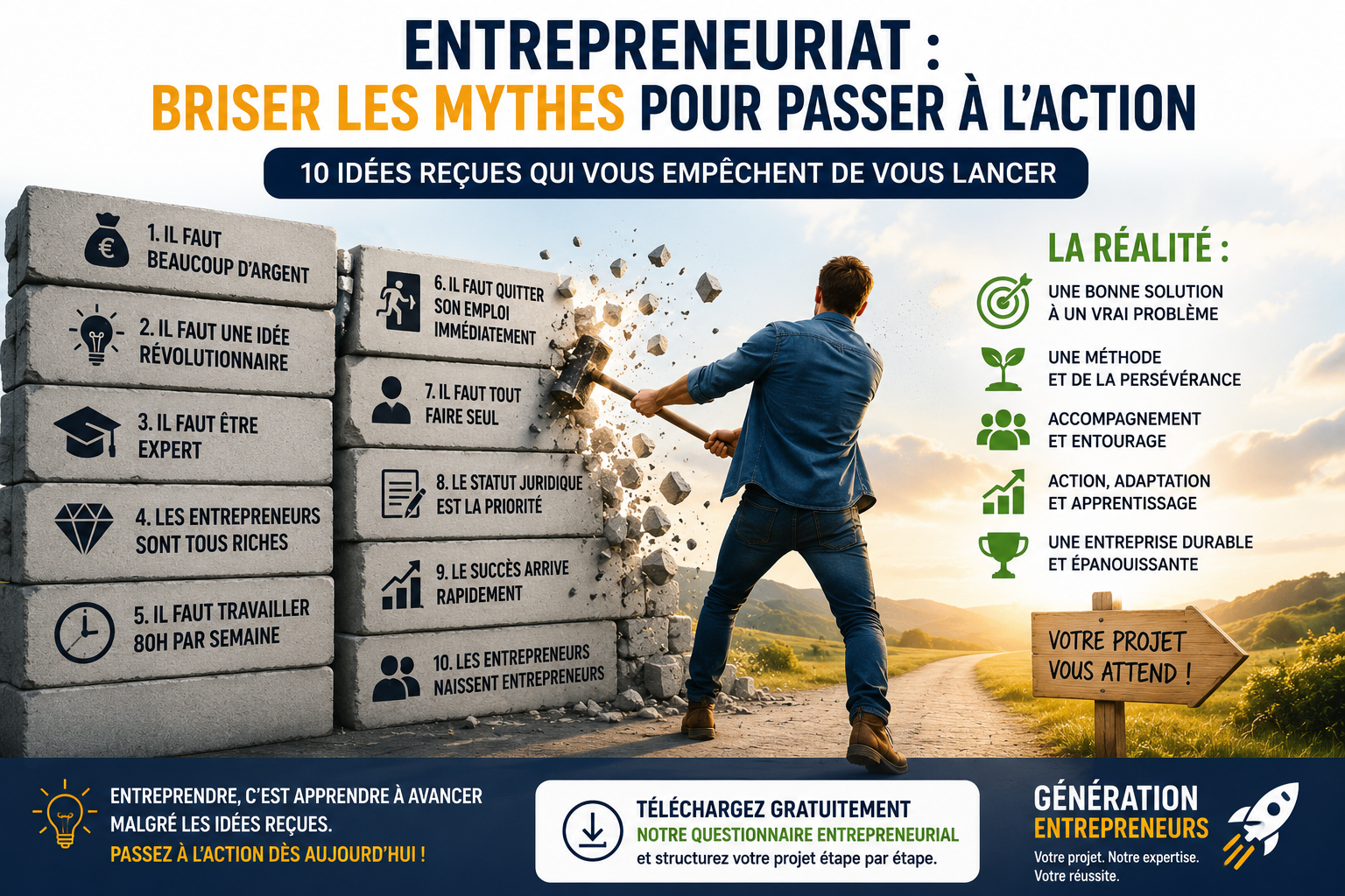 Les mythes sur l'entrepreneuriat : entrepreneur détruisant les idées reçues qui empêchent de créer son entreprise et de passer à l'action