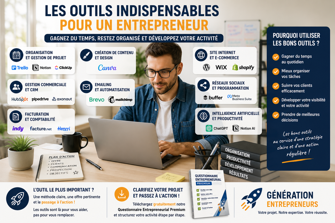 Entrepreneur utilisant différents outils numériques de gestion, de prospection, de facturation et d'organisation pour développer efficacement son entreprise
