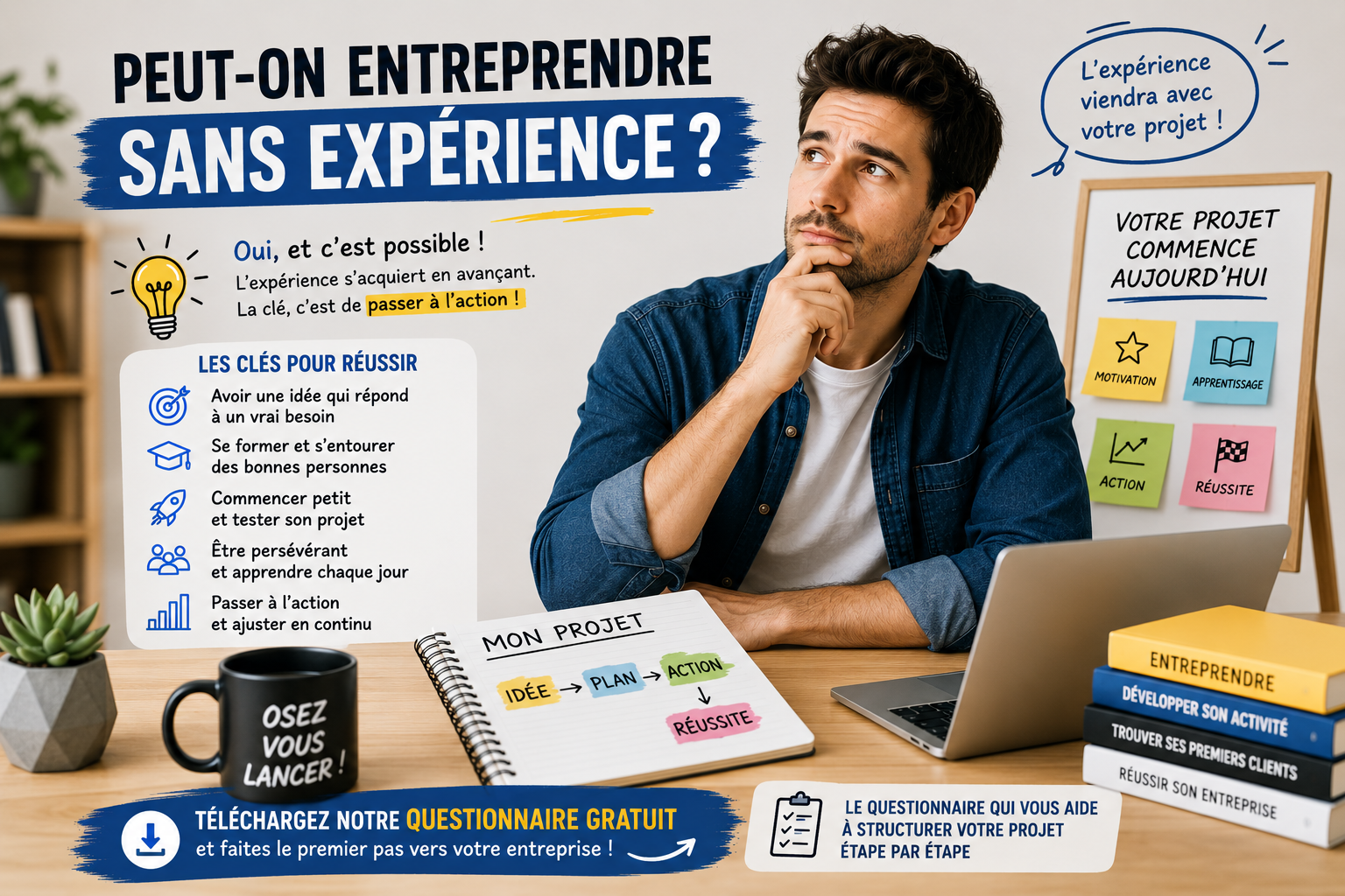 Futur entrepreneur sans expérience préparant le lancement de son activité grâce à un plan d'action et des conseils pour réussir sa création d'entreprise