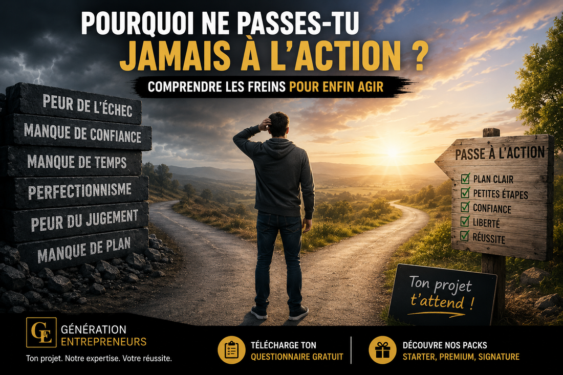 Futur entrepreneur hésitant devant une ligne de départ symbolisant le passage à l'action, avec des obstacles représentant la peur, le doute et le perfectionnisme avant la création de son entreprise