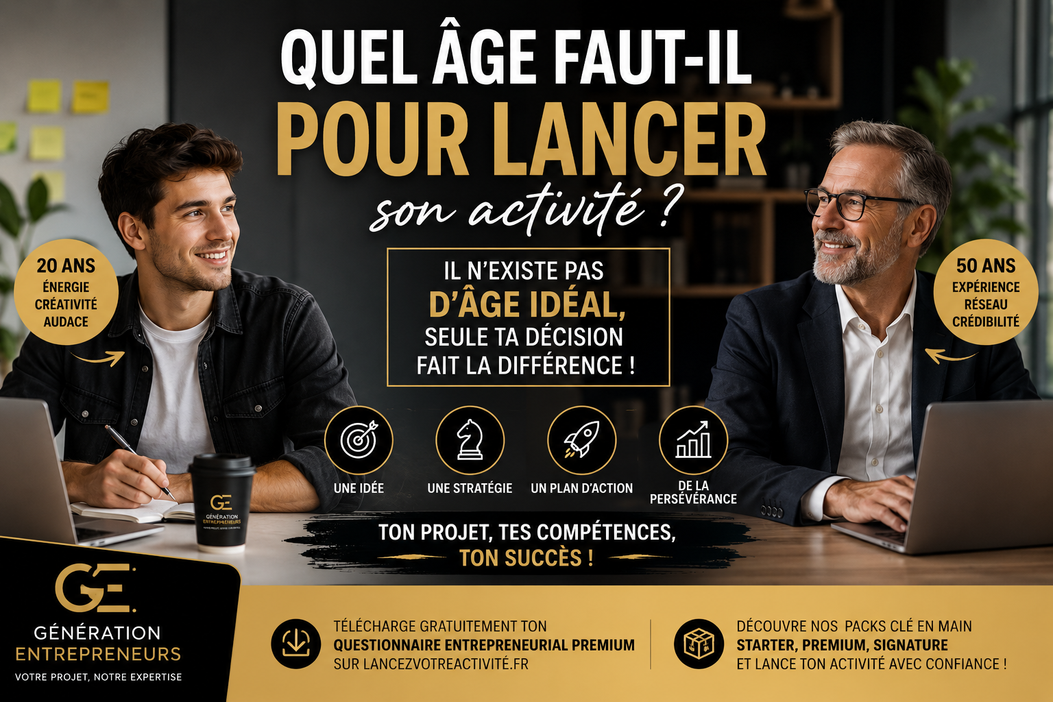 Quel âge faut-il pour lancer son activité ? Illustration d'un jeune entrepreneur et d'un entrepreneur senior développant leur entreprise avec succès, symbolisant qu'il n'existe pas d'âge idéal pour entreprendre